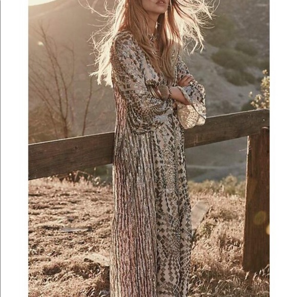 Anna Sui x BHLDN Cyrene Sm Silver Black Tan Sequin Geometric Kaftan Maxi Kimono - Picture 3 of 16